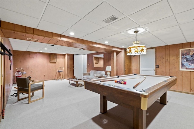 5080 Kitson Ln, West Bloomfield, MI 48324 - playroom featuring wood walls, carpet flooring, billiards table, a paneled ceiling, and baseboards