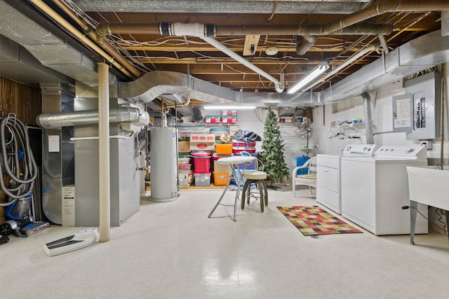 5080 Kitson Ln, West Bloomfield, MI 48324 - unfinished basement featuring water heater, washer and clothes dryer, electric panel, heating unit, and a sink