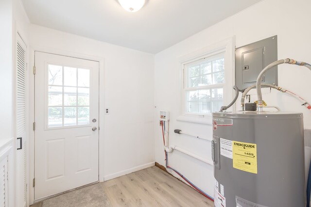 8345 Pontiac Lake Rd, White Lake, MI 48386 - entryway featuring electric water heater, electric panel, light wood finished floors, and baseboards