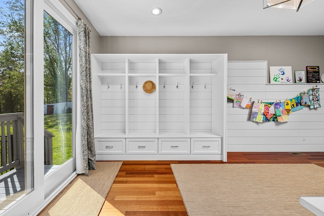 mudroom with wood finished floors, healthy amount of natural light, and recessed lighting