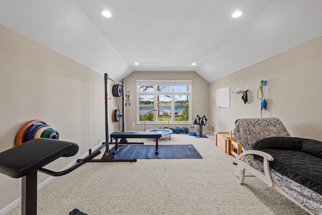 workout area with carpet, baseboards, vaulted ceiling, and recessed lighting