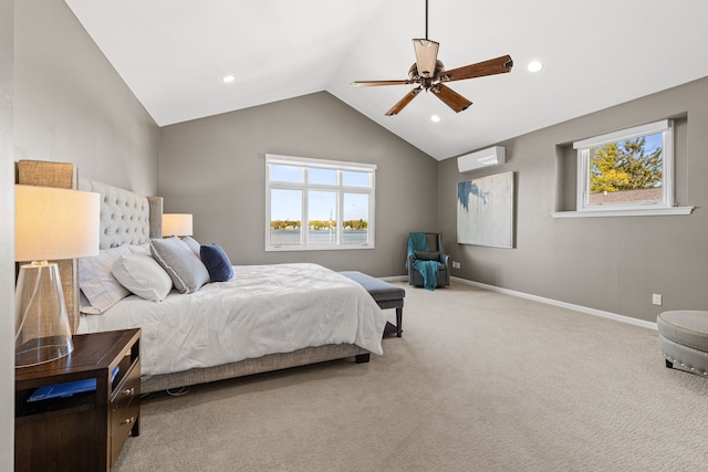 bedroom featuring vaulted ceiling, a wall mounted air conditioner, light colored carpet, baseboards, and ceiling fan