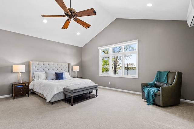 bedroom with recessed lighting, baseboards, carpet, high vaulted ceiling, and ceiling fan