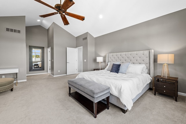 bedroom with high vaulted ceiling, light carpet, baseboards, ceiling fan, and recessed lighting
