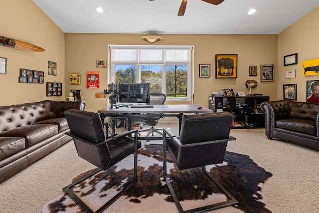 carpeted office with a ceiling fan and recessed lighting