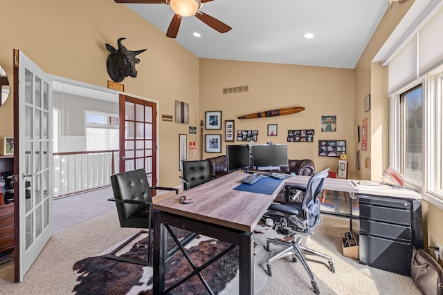 carpeted office space featuring french doors, plenty of natural light, a ceiling fan, high vaulted ceiling, and recessed lighting