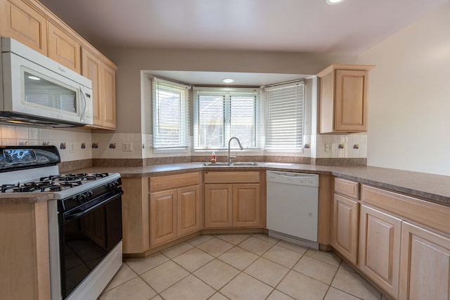52201 Boland Rd, Chesterfield, MI 48047 - kitchen featuring white appliances, a sink, light brown cabinets, backsplash, and light tile patterned flooring