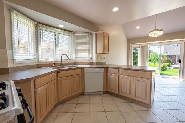 52201 Boland Rd, Chesterfield, MI 48047 - kitchen with dishwasher, a sink, gas stove, light brown cabinetry, and a peninsula