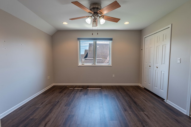 52201 Boland Rd, Chesterfield, MI 48047 - unfurnished bedroom with dark wood-style floors, baseboards, recessed lighting, a closet, and ceiling fan