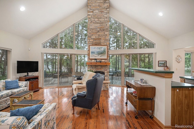 5793 Gark Rd, Attica, MI 48412 - living room with high vaulted ceiling, a stone fireplace, and light wood finished floors