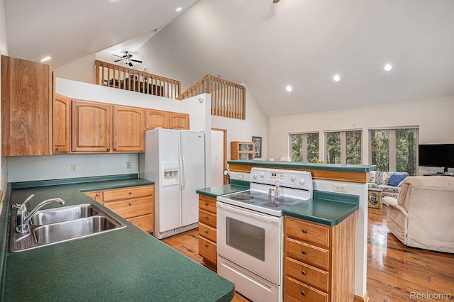 5793 Gark Rd, Attica, MI 48412 - kitchen with white appliances, a sink, high vaulted ceiling, light wood-style floors, and open floor plan