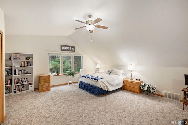 5793 Gark Rd, Attica, MI 48412 - carpeted bedroom featuring vaulted ceiling, baseboards, and a ceiling fan