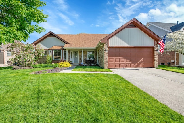 46368 Hanford Rd, Canton, MI 48187 - ranch-style house featuring a garage, a front yard, driveway, brick siding, and a shingled roof