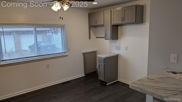 11657 Engleman Rd, Warren, MI 48089 - kitchen featuring gray cabinets, a ceiling fan, dark wood-style floors, baseboards, and recessed lighting