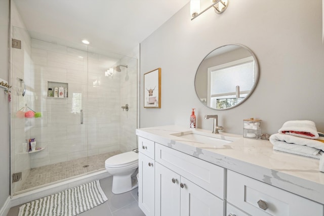 1663 Fairway Dr, Birmingham, MI 48009 - bathroom featuring toilet, vanity, tile patterned flooring, a stall shower, and recessed lighting