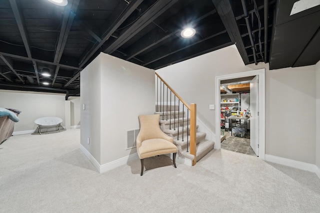 1663 Fairway Dr, Birmingham, MI 48009 - finished basement featuring carpet flooring, stairway, and baseboards