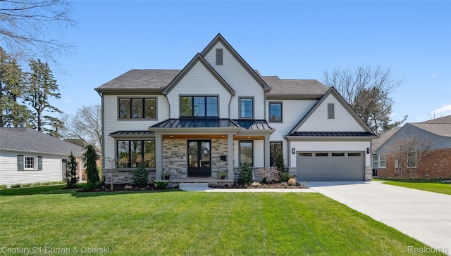 1663 Fairway Dr, Birmingham, MI 48009 - modern inspired farmhouse with a standing seam roof, driveway, a front lawn, and a shingled roof