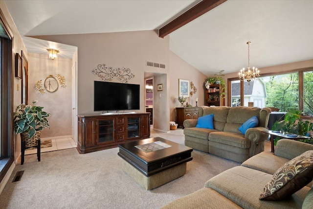 1831 Ansal Dr, Rochester Hills, MI 48309 - carpeted living room featuring a chandelier, beamed ceiling, high vaulted ceiling, and baseboards