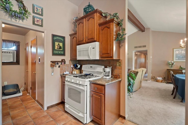 1831 Ansal Dr, Rochester Hills, MI 48309 - kitchen with white appliances, beamed ceiling, backsplash, brown cabinets, and high vaulted ceiling