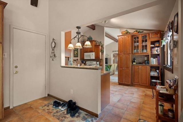 1831 Ansal Dr, Rochester Hills, MI 48309 - kitchen featuring white appliances, brown cabinets, glass insert cabinets, and light tile patterned flooring
