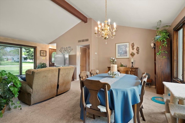 1831 Ansal Dr, Rochester Hills, MI 48309 - dining area featuring light carpet, a chandelier, beam ceiling, and high vaulted ceiling
