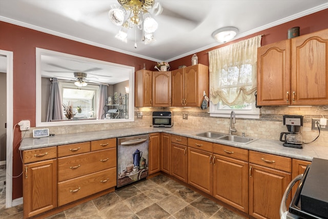 19319 Centralia, Redford, MI 48240 - kitchen featuring ceiling fan, stainless steel dishwasher, a sink, plenty of natural light, and crown molding