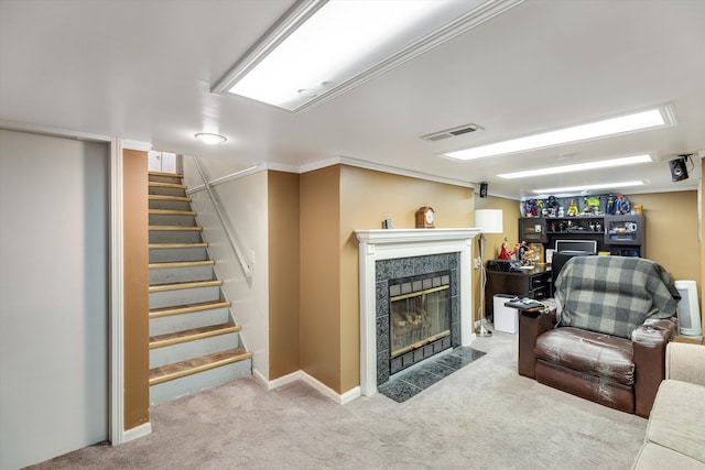 19319 Centralia, Redford, MI 48240 - living area with carpet, stairs, and a fireplace