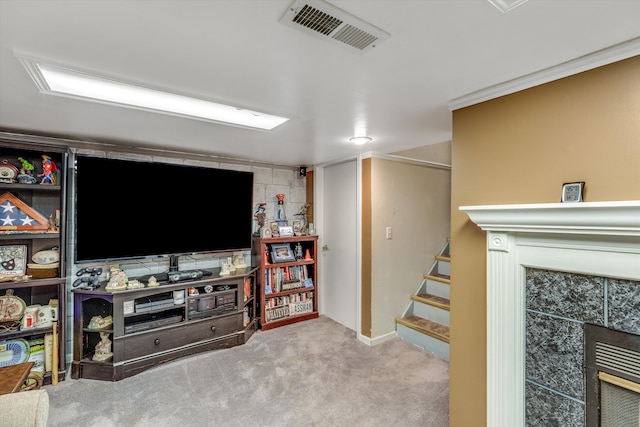 19319 Centralia, Redford, MI 48240 - living room with stairway, carpet floors, and baseboards