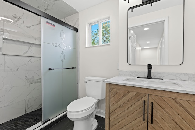 27733 Kaufman St, Roseville, MI 48066 - bathroom featuring a marble finish shower, toilet, and vanity