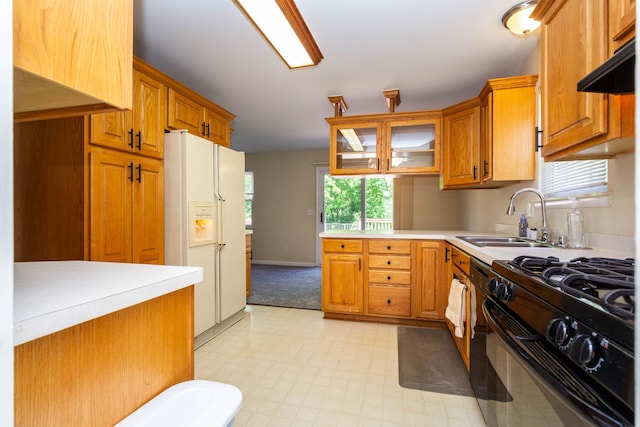 41944 Cherry Hill Rd, Novi, MI 48375 - kitchen with white fridge with ice dispenser, a sink, gas stove, light flooring, and under cabinet range hood