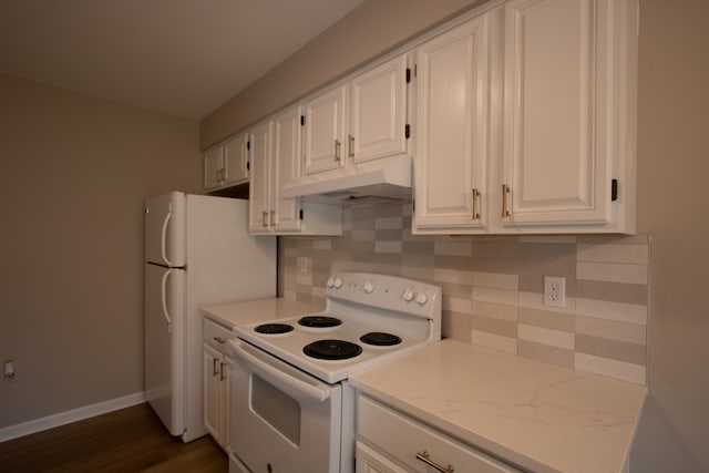 37374 Stonegate Cir, Clinton Township, MI 48036 - kitchen with under cabinet range hood, white appliances, tasteful backsplash, and white cabinetry