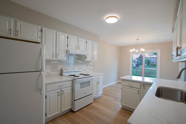 37374 Stonegate Cir, Clinton Township, MI 48036 - kitchen featuring white appliances, a sink, under cabinet range hood, decorative backsplash, and light wood-style flooring