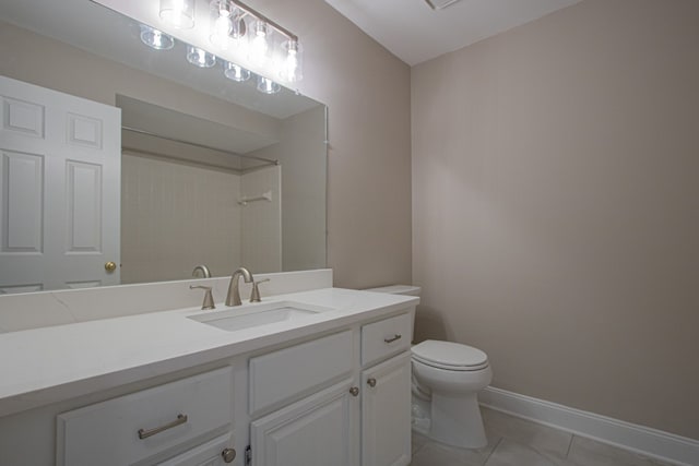 37374 Stonegate Cir, Clinton Township, MI 48036 - bathroom featuring toilet, vanity, a shower, tile patterned floors, and baseboards