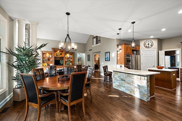 4735 Oakhurst Ridge Rd, Clarkston, MI 48348 - dining room with dark wood-style floors, a chandelier, recessed lighting, baseboards, and vaulted ceiling