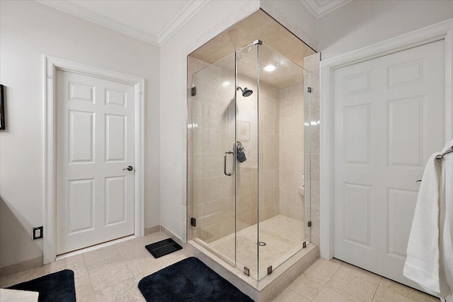 4735 Oakhurst Ridge Rd, Clarkston, MI 48348 - bathroom with a stall shower, crown molding, and tile patterned floors