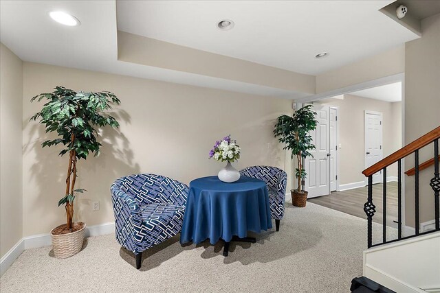 4735 Oakhurst Ridge Rd, Clarkston, MI 48348 - living area with stairway, baseboards, carpet floors, and recessed lighting