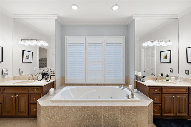 4735 Oakhurst Ridge Rd, Clarkston, MI 48348 - full bath featuring two vanities, a whirlpool tub, crown molding, and tile patterned flooring