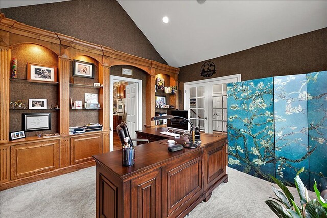 4735 Oakhurst Ridge Rd, Clarkston, MI 48348 - office featuring french doors, light colored carpet, high vaulted ceiling, and recessed lighting