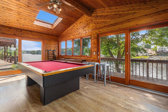 926 Brighton Lake Rd, Brighton, MI 48116 - game room featuring a ceiling fan, wood ceiling, a water view, wood walls, and billiards