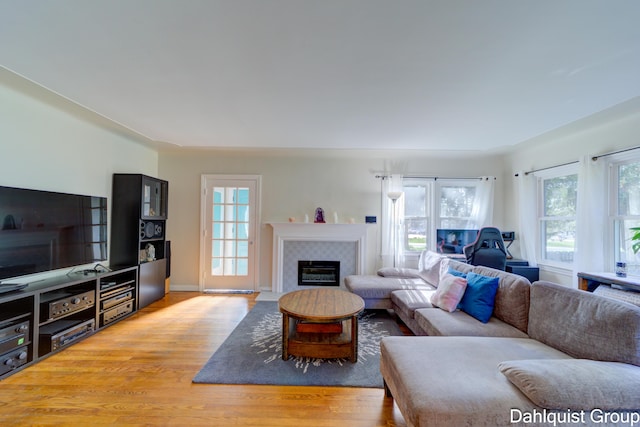 1573 N Whitehall Rd, Muskegon, MI 49445 - living room featuring light wood-style floors, a glass covered fireplace, and baseboards