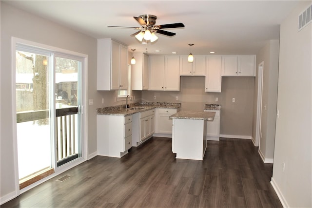 00 High Slope Dr, Brighton, MI 48114 - kitchen with a sink, white cabinets, a center island, light stone counters, and dark wood finished floors