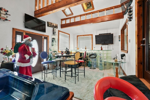 19303 Fenmore St, Detroit, MI 48235 - dining room featuring high vaulted ceiling, beam ceiling, and tile patterned floors