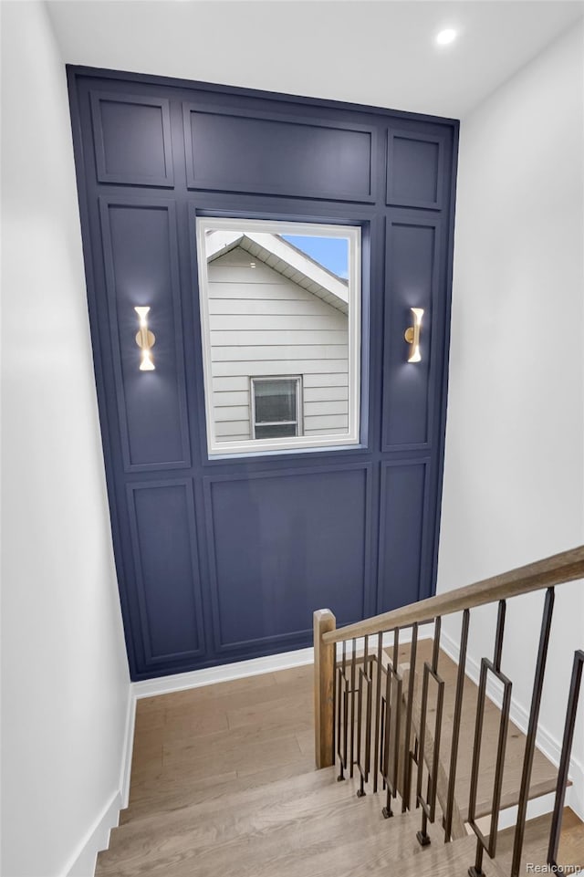227 W Houstonia Ave, Royal Oak, MI 48073 - stairs with baseboards, wood finished floors, and recessed lighting