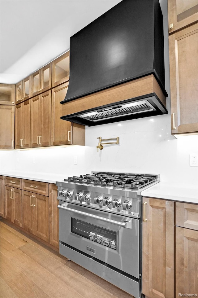 227 W Houstonia Ave, Royal Oak, MI 48073 - kitchen with stainless steel range, premium range hood, glass insert cabinets, light countertops, and light wood finished floors