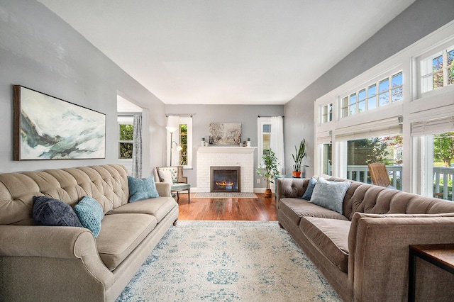 living room featuring wood finished floors and a fireplace