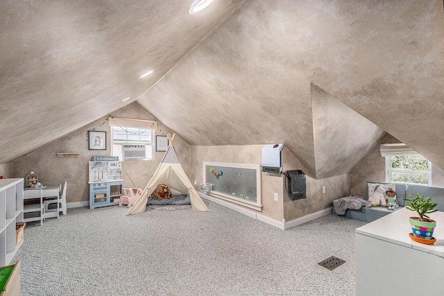 playroom with vaulted ceiling, carpet flooring, baseboards, and recessed lighting