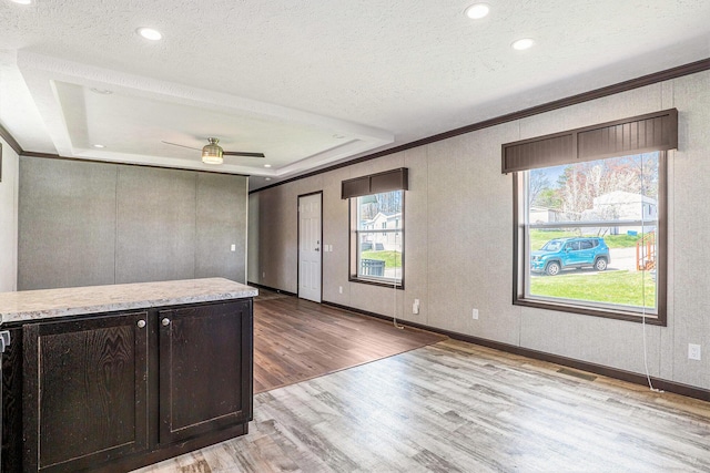 6922 Knotty Pine St NE, Rockford, MI 49341 - kitchen featuring a tray ceiling, light wood-style floors, dark brown cabinets, recessed lighting, and a textured ceiling