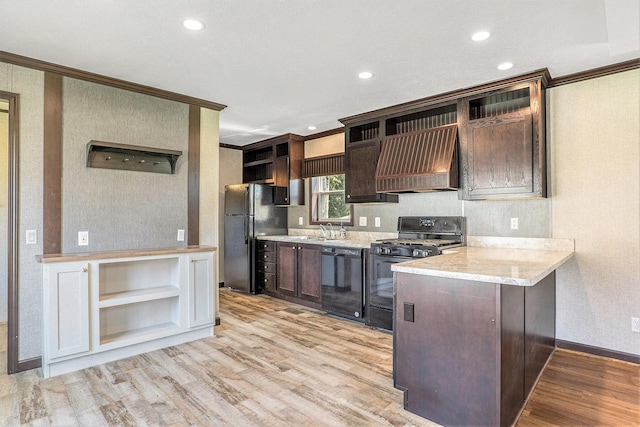 6922 Knotty Pine St NE, Rockford, MI 49341 - kitchen with black appliances, open shelves, crown molding, light wood-type flooring, and dark brown cabinetry