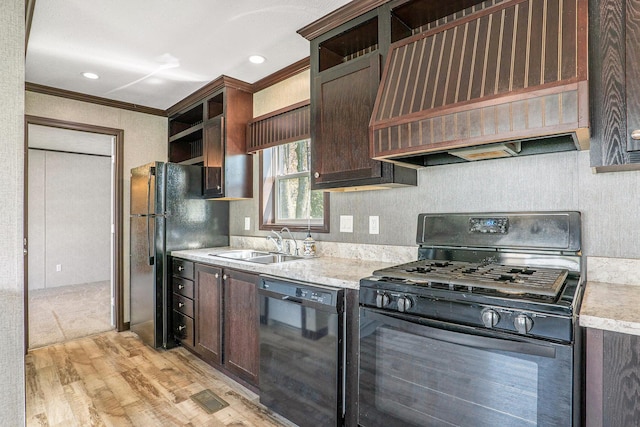 6922 Knotty Pine St NE, Rockford, MI 49341 - kitchen featuring open shelves, black appliances, range hood, a sink, and dark brown cabinetry