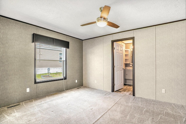 6922 Knotty Pine St NE, Rockford, MI 49341 - unfurnished bedroom with ornamental molding, carpet flooring, a decorative wall, a textured ceiling, and ceiling fan